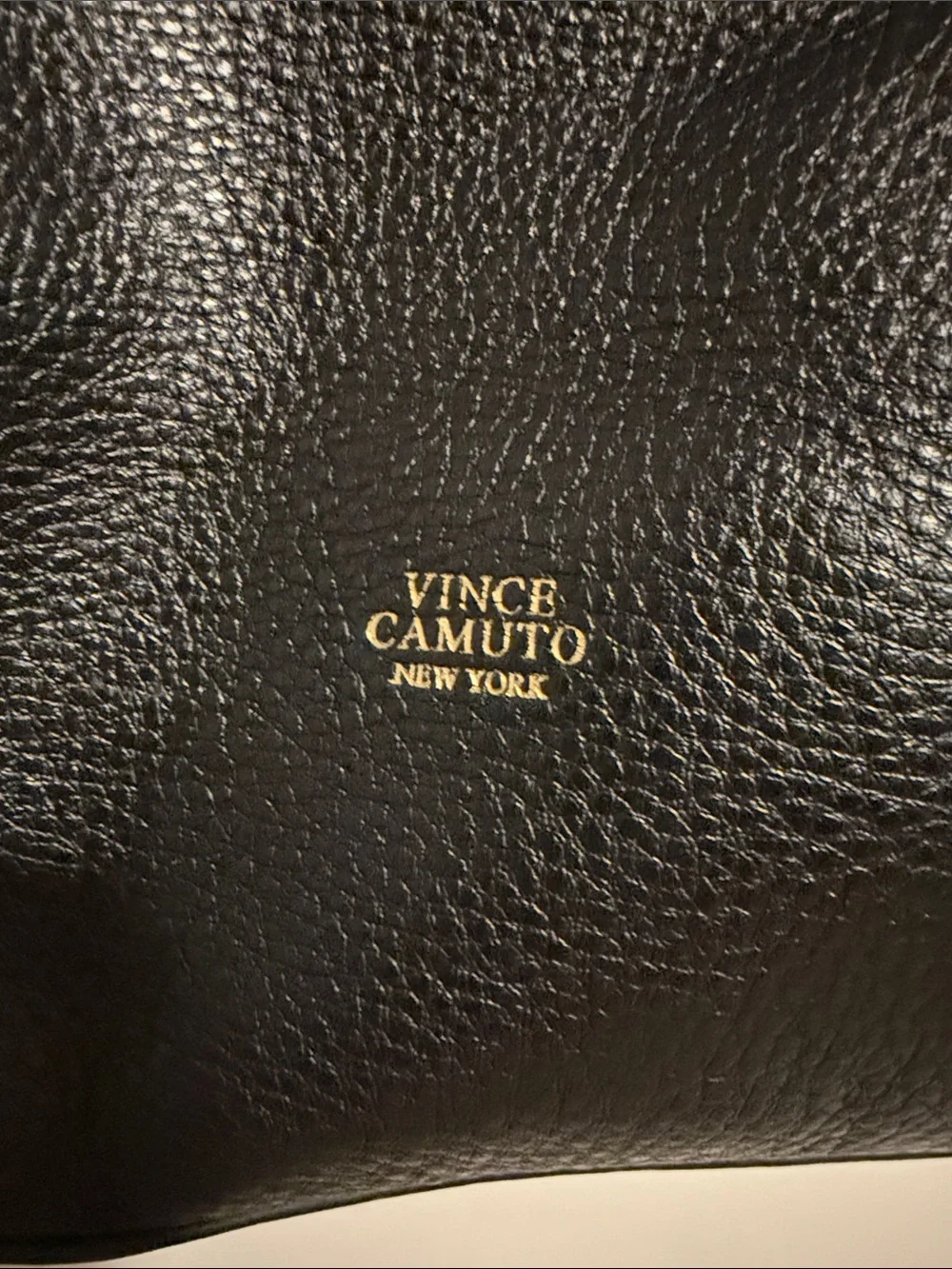 Vince Camuto Black Pebbled Leather Tote with Gold Logo